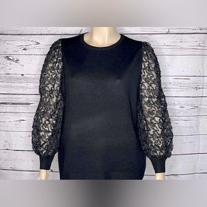 Black Pullover Sweater with Mesh Long Sleeves with Ribbon Appliqué Size 2x